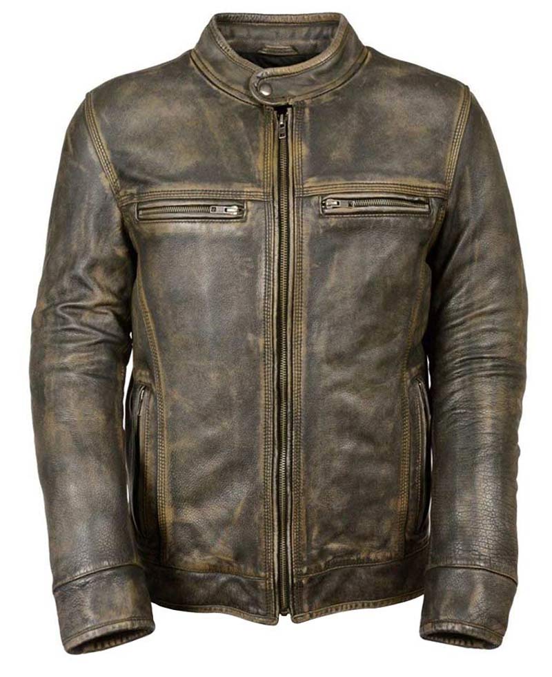 Mens Plain Black Waxed Cafe Racer Neck Belted Biker Genuine Leather Jacket