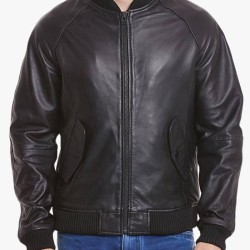 Men's Casual Bomber Solid Black Leather Jacket