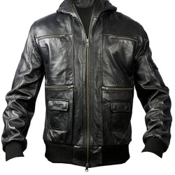 Men's Casual Black Leather Bomber Jacket Hoodie