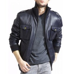 Men's Bomber Stand Collar Casual Lambskin Leather Jacket