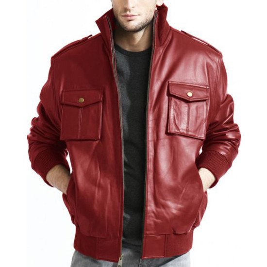 Men's Bomber Stand Collar Casual Lambskin Leather Jacket