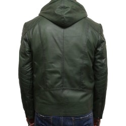 Men's Casual Zip Up Green Leather Hoodie