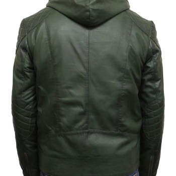Men's Casual Zip Up Green Leather Hoodie
