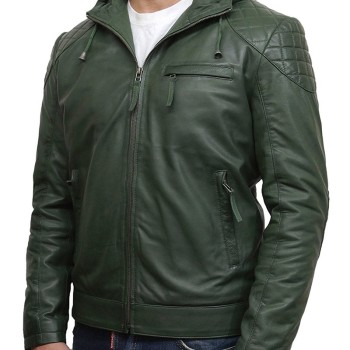 Men's Casual Zip Up Green Leather Hoodie