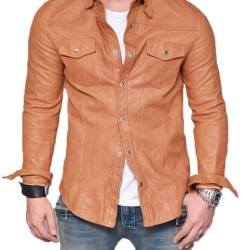 Men's Shirt Collar Casual Lambskin Leather Jacket