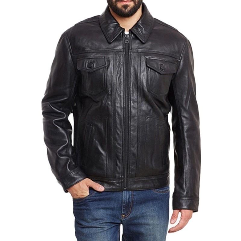 Men's Shirt Collar Casual Black Leather Jacket Men's Shirt Collar Casual Black Leather Jacket