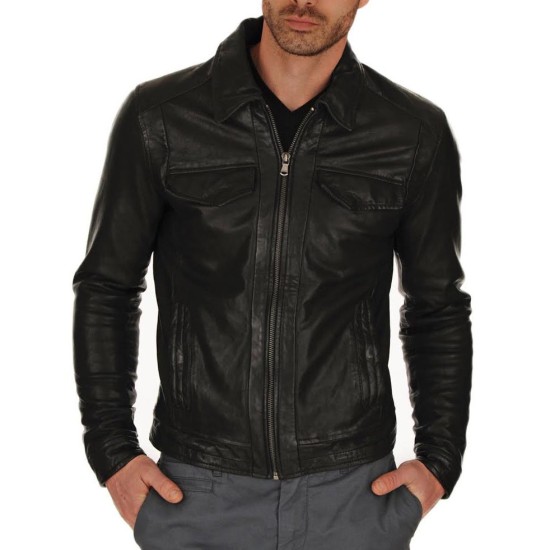 Men's Shirt Collar Casual Leather Jacket