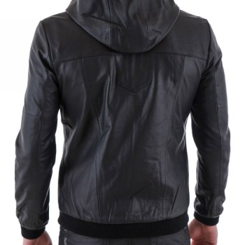 Men's Casual Black Hooded Leather Jacket