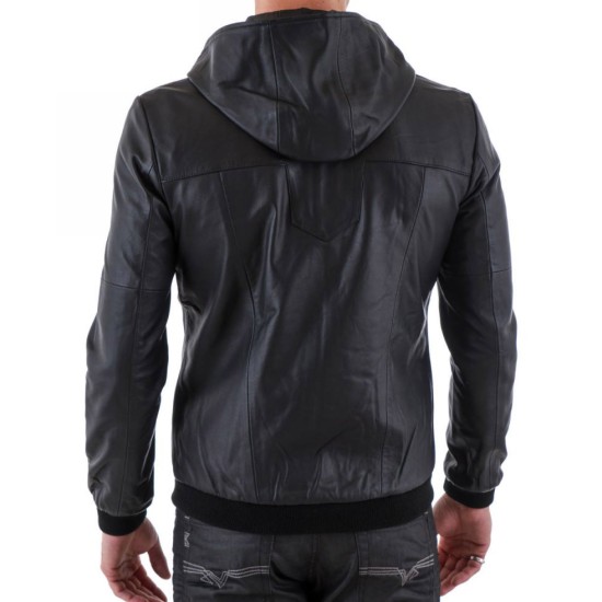 Men's Casual Black Hooded Leather Jacket