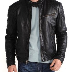 Men's Casual Black Leather Snap Button Jacket