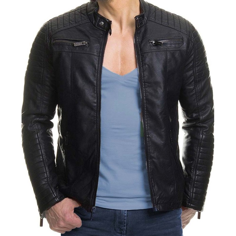 Men's Casual Slim Fit Padded Black Leather Jacket
