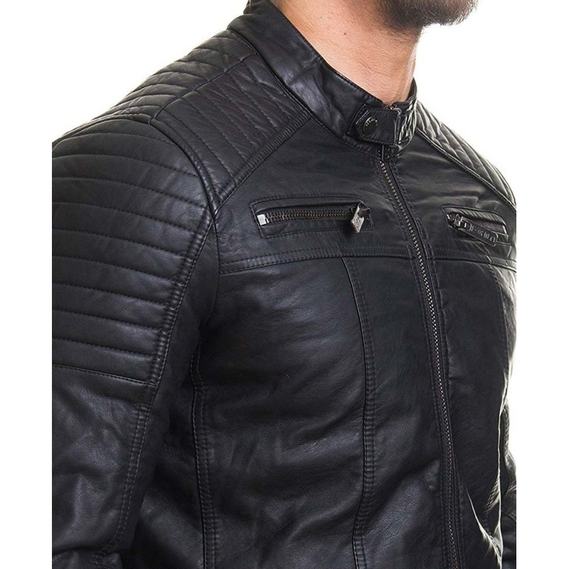 Men's Casual Slim Fit Padded Black Leather Jacket Men's Casual Slim Fit Padded Black Leather Jacket
