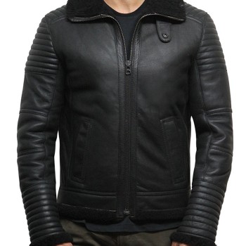 Men's Padded Sleeves Casual Black Leather Sheepskin Jacket