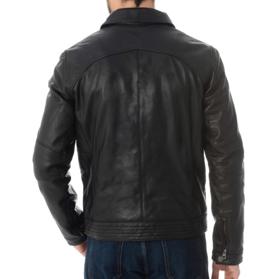 Men's Shirt Collar Casual Wear Black Leather Jacket