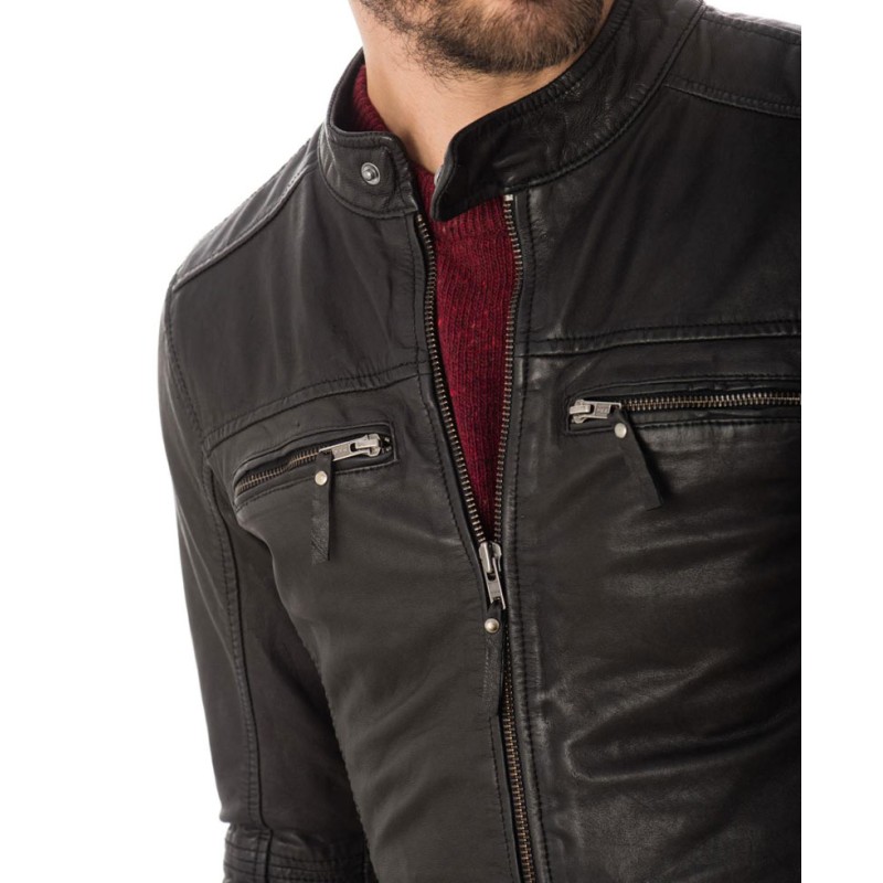 Men's Snap Tab Collar Casual Wear Zipper Black Leather Jacket Men's Snap Tab Collar Casual Wear Zipper Black Leather Jacket