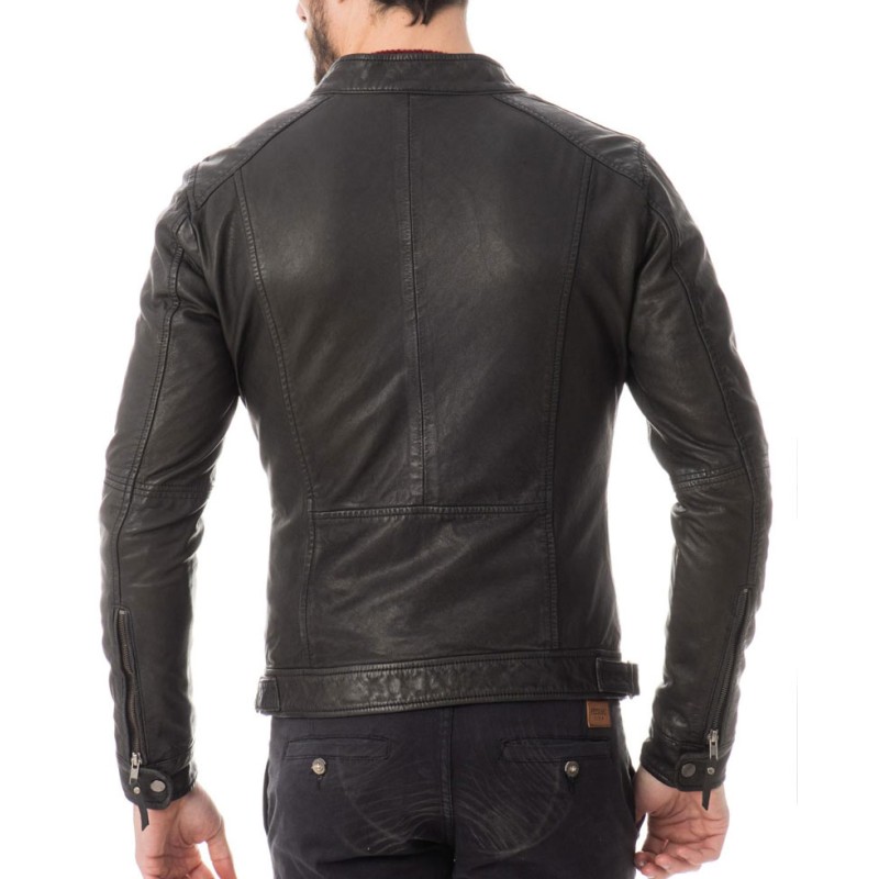 Men's Snap Tab Collar Casual Wear Zipper Black Leather Jacket Men's Snap Tab Collar Casual Wear Zipper Black Leather Jacket