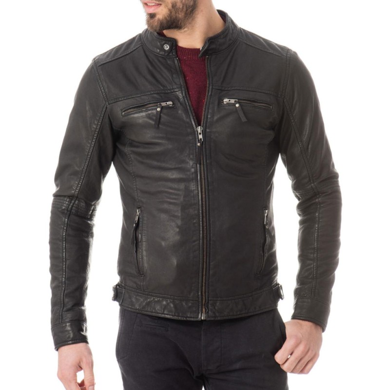 Men's Snap Tab Collar Casual Wear Zipper Black Leather Jacket Men's Snap Tab Collar Casual Wear Zipper Black Leather Jacket
