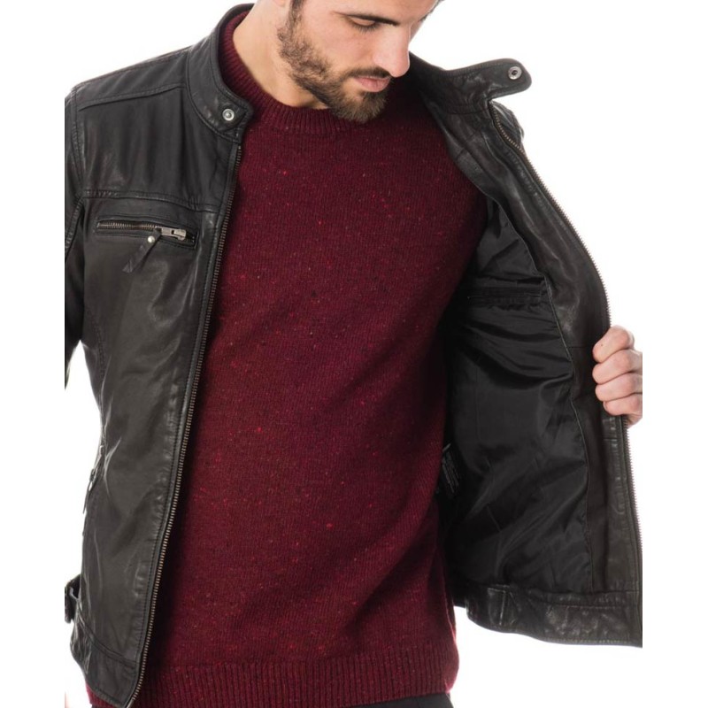 Men's Snap Tab Collar Casual Wear Zipper Black Leather Jacket Men's Snap Tab Collar Casual Wear Zipper Black Leather Jacket