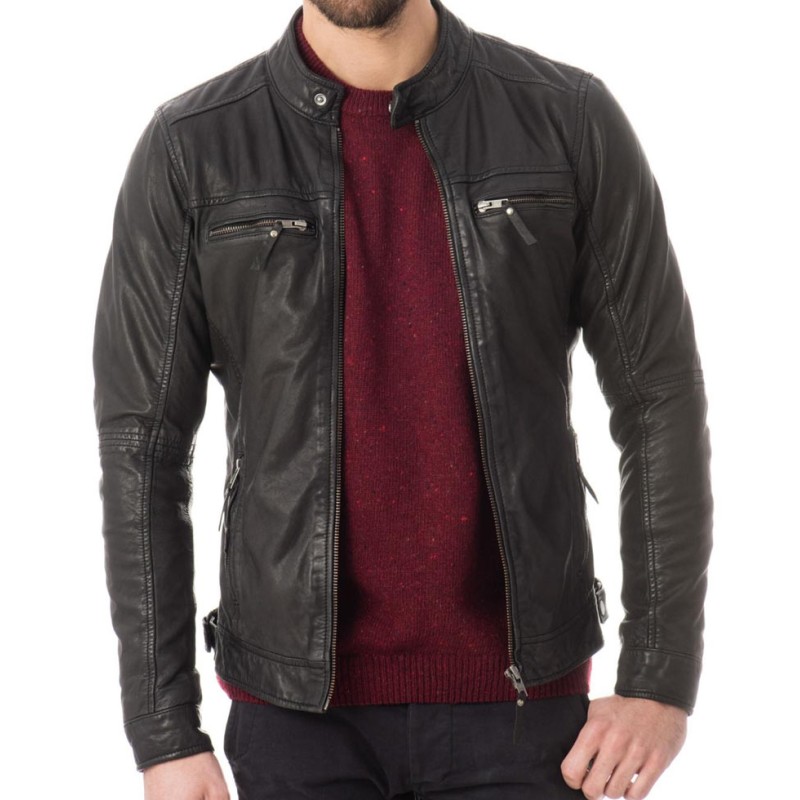 Men's Snap Tab Collar Casual Wear Zipper Black Leather Jacket Men's Snap Tab Collar Casual Wear Zipper Black Leather Jacket