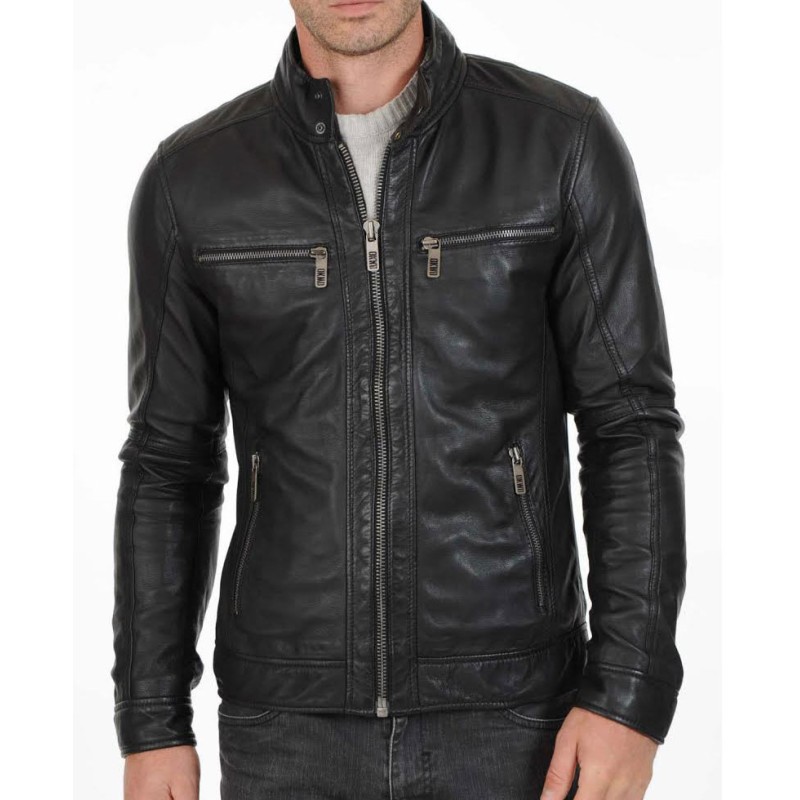 Men's Casual Stand Up Collar Casual Black Jacket