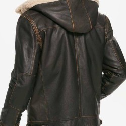 Men's Casual Waxed Brown Leather Jacket with Removable Hoodie