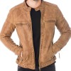 Men's Snap Tab Collar Casual Waxed Tan Brown Leather Jacket