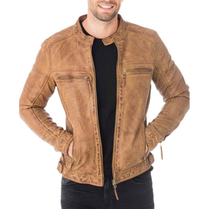 Men's Snap Tab Collar Casual Waxed Tan Brown Leather Jacket Men's Snap Tab Collar Casual Waxed Tan Brown Leather Jacket