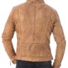 Men's Snap Tab Collar Casual Waxed Tan Brown Leather Jacket