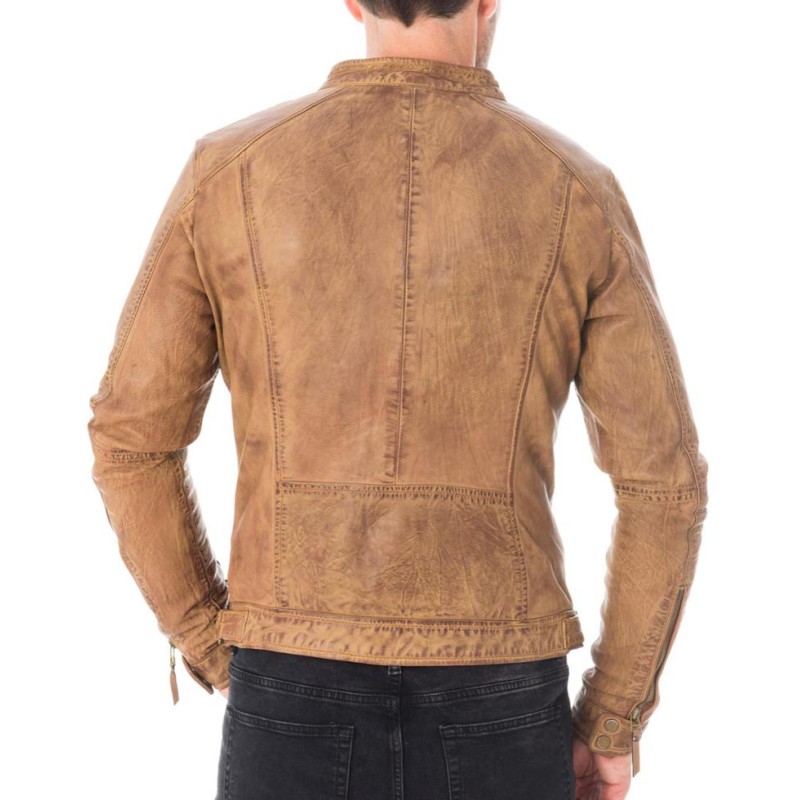 Men's Snap Tab Collar Casual Waxed Tan Brown Leather Jacket Men's Snap Tab Collar Casual Waxed Tan Brown Leather Jacket