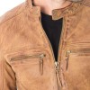Men's Snap Tab Collar Casual Waxed Tan Brown Leather Jacket