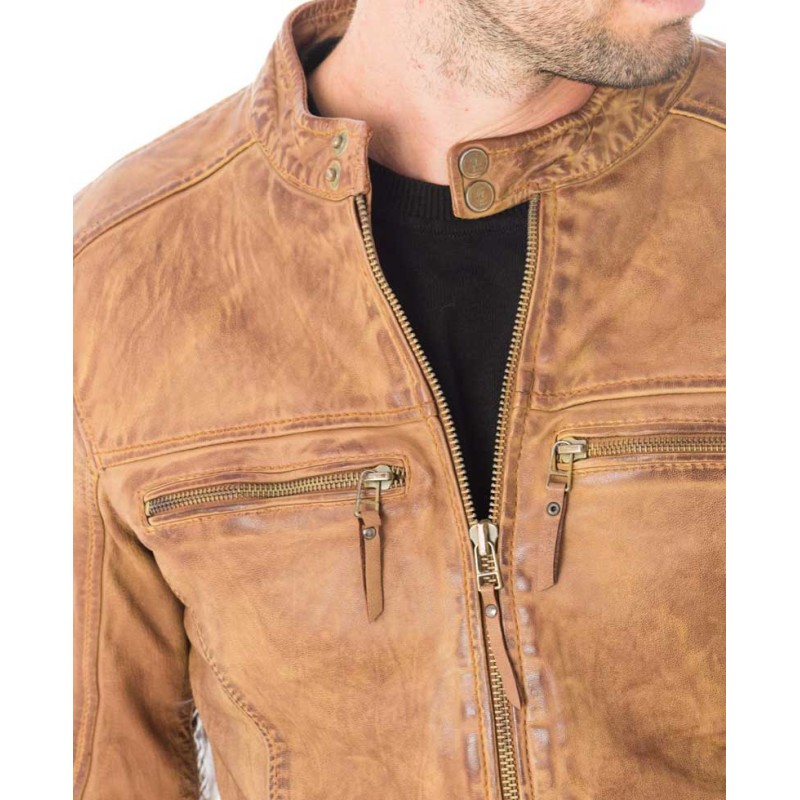 Men's Snap Tab Collar Casual Waxed Tan Brown Leather Jacket Men's Snap Tab Collar Casual Waxed Tan Brown Leather Jacket