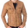 Men's Snap Tab Collar Casual Waxed Tan Brown Leather Jacket