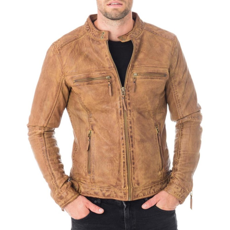 Men's Snap Tab Collar Casual Waxed Tan Brown Leather Jacket