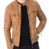 Men's Snap Tab Collar Casual Waxed Tan Brown Leather Jacket