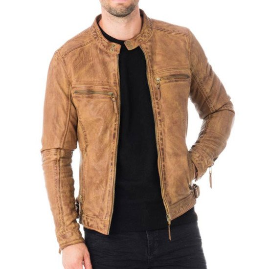 Men's Snap Tab Collar Casual Waxed Tan Brown Leather Jacket