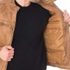 Men's Snap Tab Collar Casual Waxed Tan Brown Leather Jacket