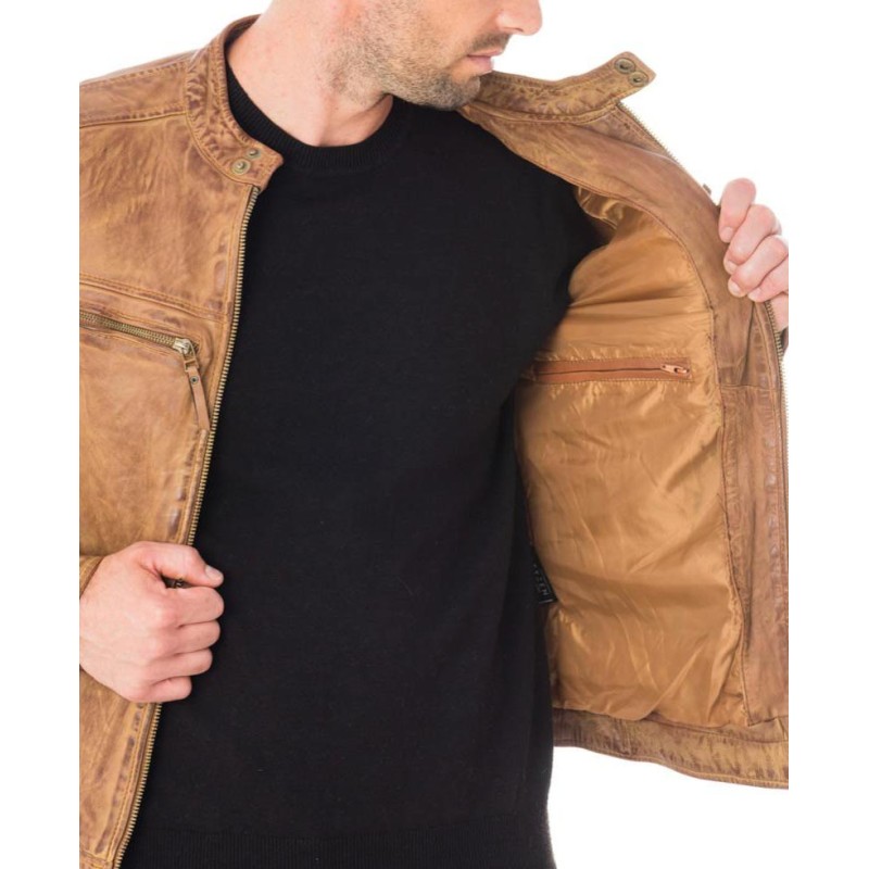 Men's Snap Tab Collar Casual Waxed Tan Brown Leather Jacket Men's Snap Tab Collar Casual Waxed Tan Brown Leather Jacket