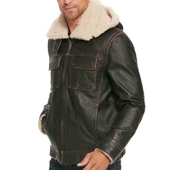 Men's Classic B3 Shearling Brown Leather Jacket with Hoodie