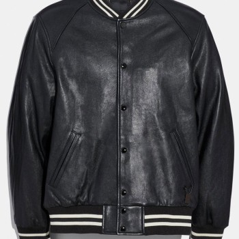 Men's Snap Tab Closure Black Leather Bomber Jacket