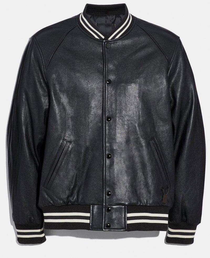 Films Jackets Men's Snap Tab Closure Black Leather Bomber Jacket