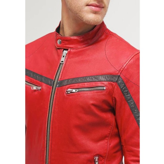Men's Cafe Racer Red Leather Motorcycle Jacket