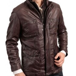 Men's Double Collar Dark Brown Leather Jacket