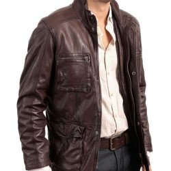 Men's Double Collar Dark Brown Leather Jacket