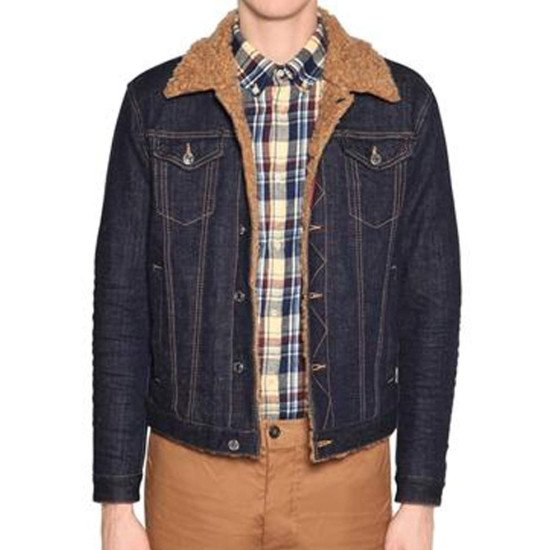 Men's Denim Shearling Shirt Style Jacket with Fur Collar
