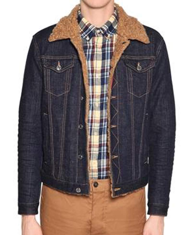 Men s Shirt Style Blue Shearling Denim Jacket with Fur Collar