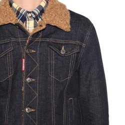 Men's Denim Shearling Shirt Style Jacket with Fur Collar