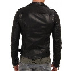 Men's Asymmetrical Design Cropped Biker Black Leather Jacket