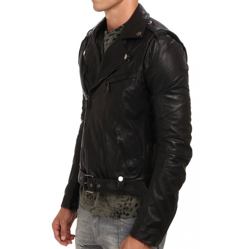 Men's Asymmetrical Design Cropped Biker Black Leather Jacket Men's Asymmetrical Design Cropped Biker Black Leather Jacket