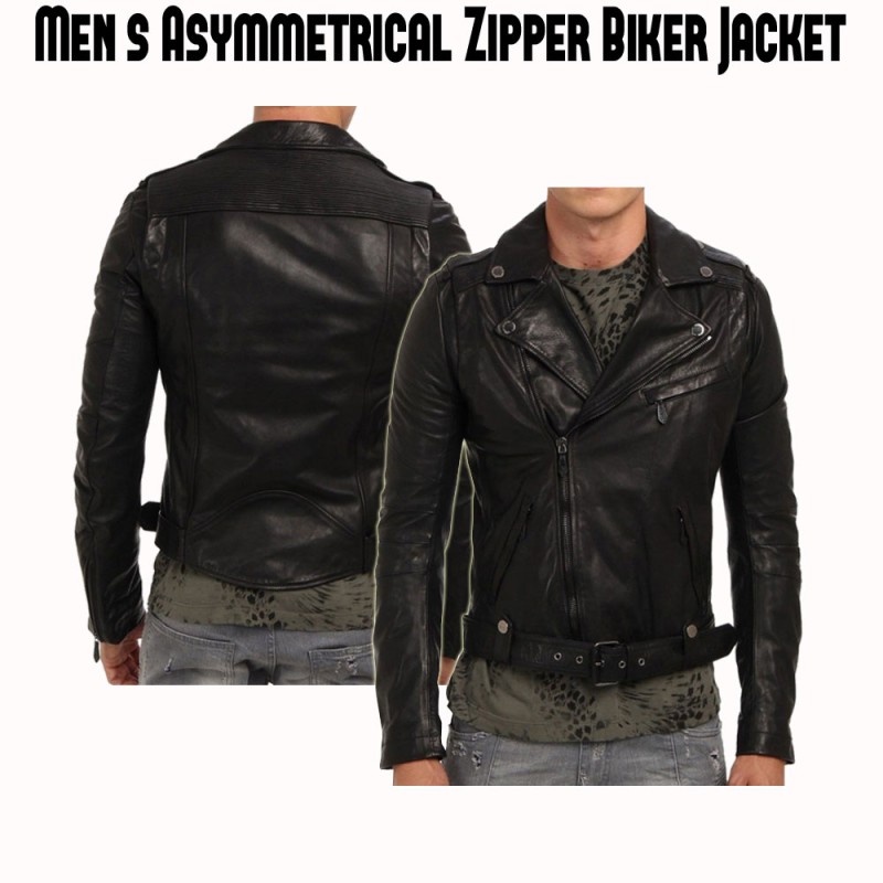 Men's Asymmetrical Design Cropped Biker Black Leather Jacket Men's Asymmetrical Design Cropped Biker Black Leather Jacket