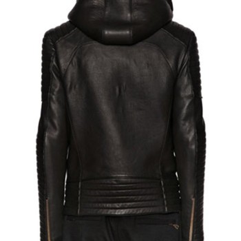 Men's Designer Asymmetrical Black Leather Jacket with Hoodie